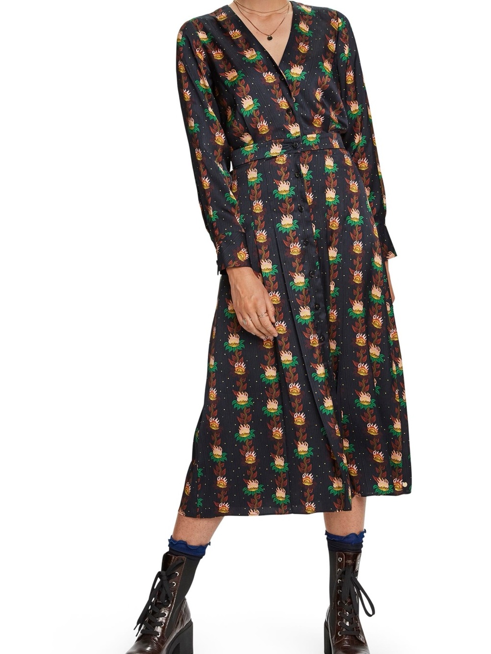 Scotch & Soda Black Floral-Print Wrap Midi Dress